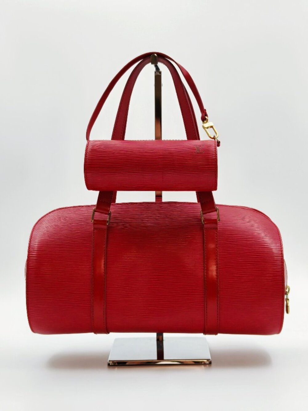 Louis Vuitton Epi Soufflot Red Leather Barrel Shoulder Bag w/ Pochette France